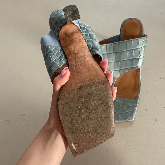 TORAL Animal Print Croc Embossed Leather T Bar Heeled Sandals Blue 40 - Picture 8 of 11